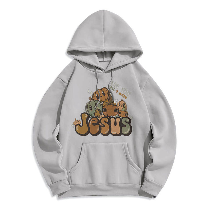 Christianartworkshop Whimsical Pumpkin Design with "Jesus" Print Fleece Lined Polyester Hoodie - Grey - 2XL - image 8
