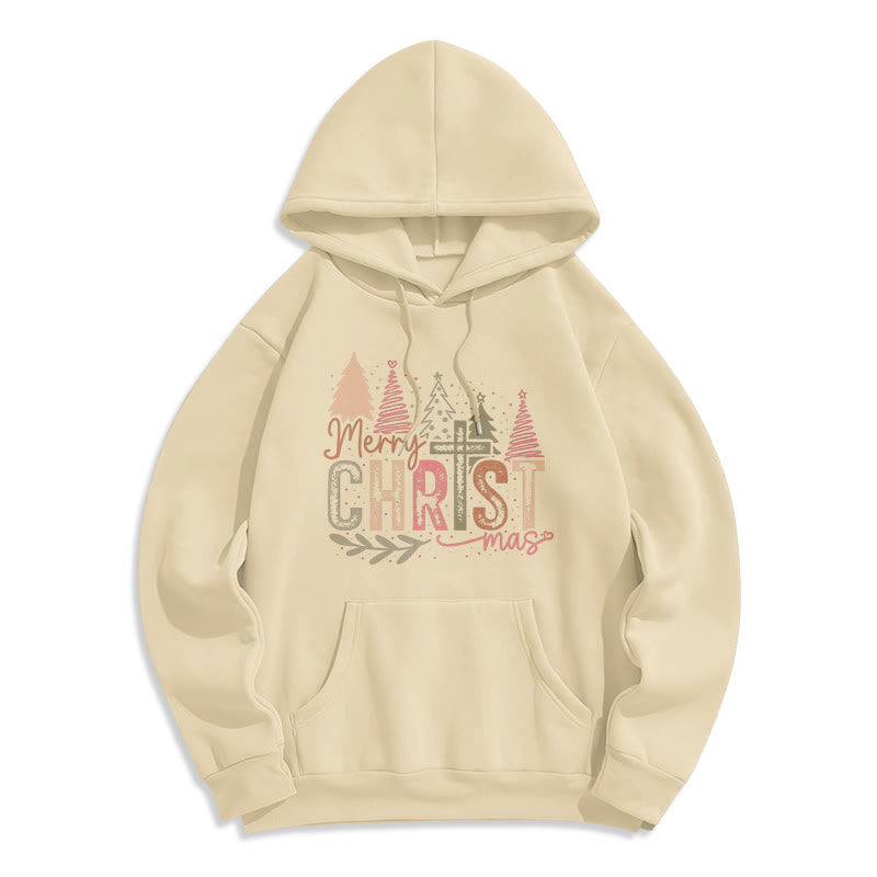 Christianartworkshop Merry Christmas Religious Cross and Tree Design Fleece Lined Polyester Hoodie - Beige - 2XL - image 2