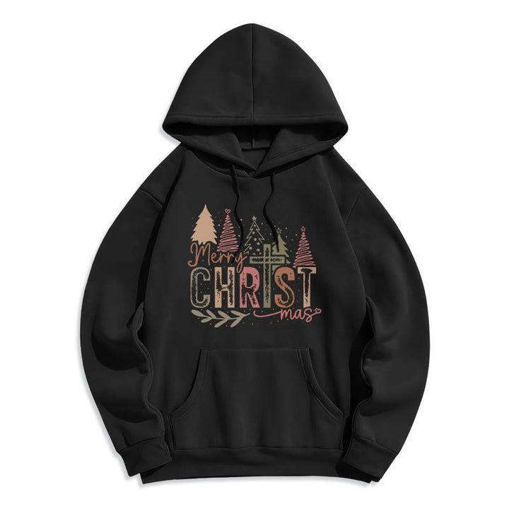 Christianartworkshop Merry Christmas Religious Cross and Tree Design Fleece Lined Polyester Hoodie - Black - 2XL - image 6