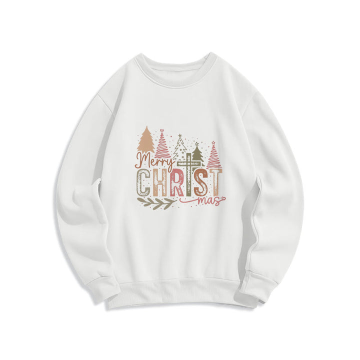 Christianartworkshop Merry Christmas Religious Cross and Tree Design Fleece Lined Polyester Sweatshirt - White - 2XL - image 0