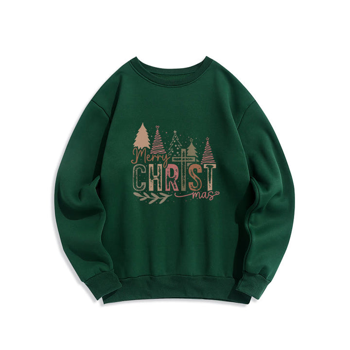 Christianartworkshop Merry Christmas Religious Cross and Tree Design Fleece Lined Polyester Sweatshirt - Green - 2XL - image 3