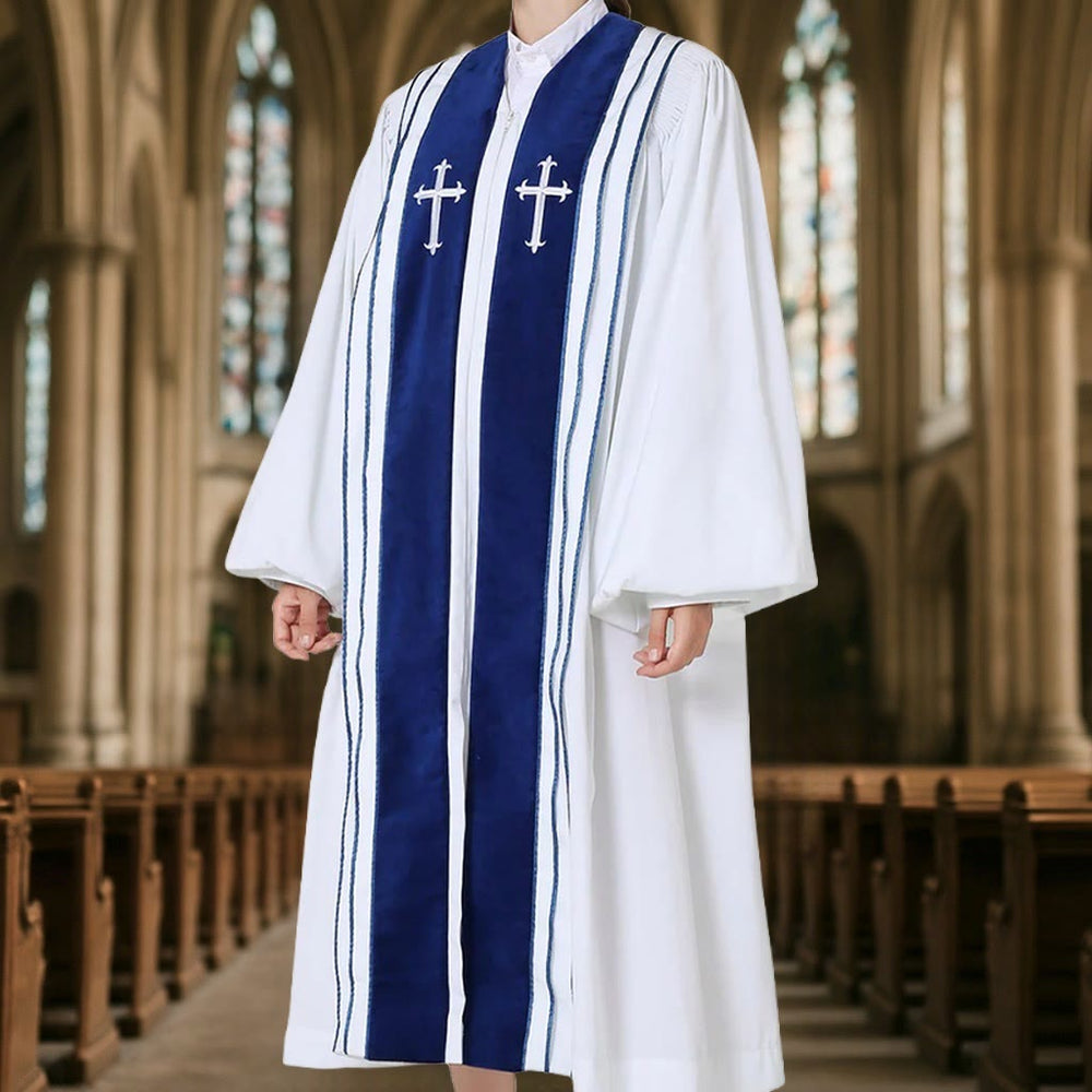Christianartworkshop White Church Clergy Robe with Embroidered Crosses and Blue Panel Design - image 1