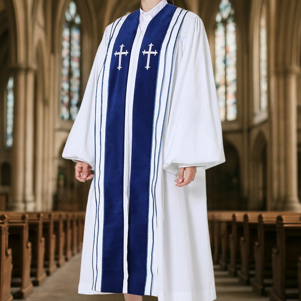 Christianartworkshop White Church Clergy Robe with Embroidered Crosses and Blue Panel Design - image 1