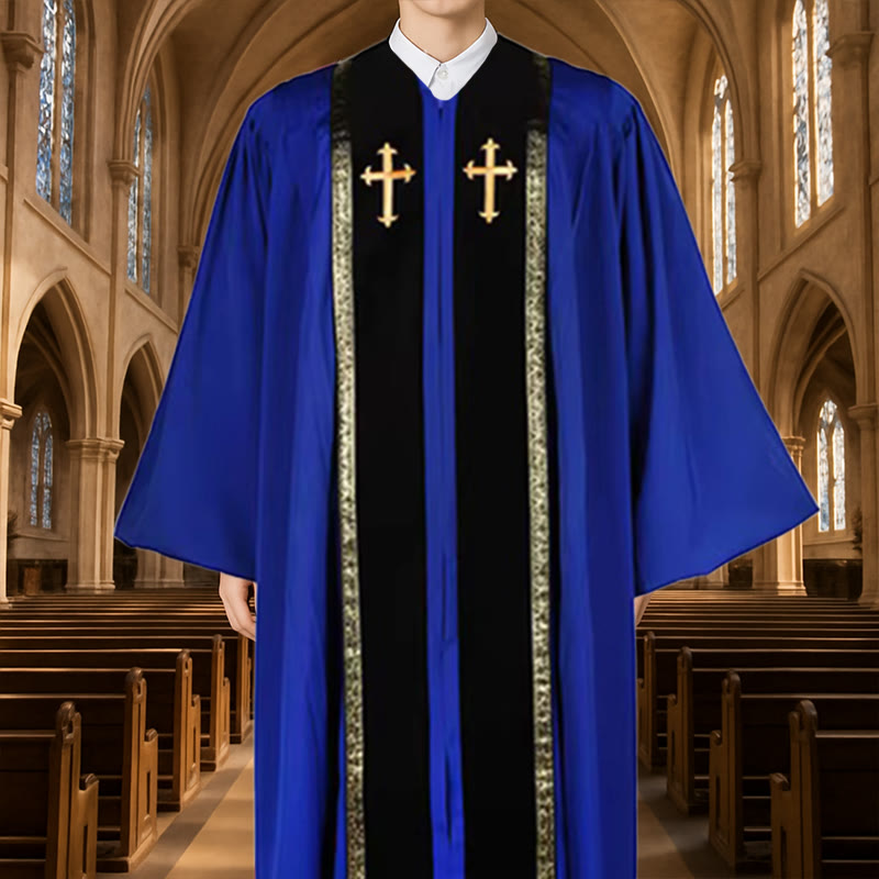 Christianartworkshop Traditional Multi-Color Church Cassock with Gold Cross & Decorative - 3XL - Blue - image 1