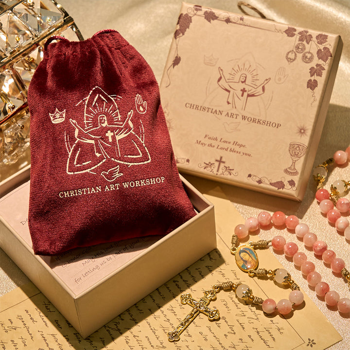 Christianartworkshop Handmade Pink Glossy Beads Rosary with Brass Crucifix and Our Lady Charm - image 1
