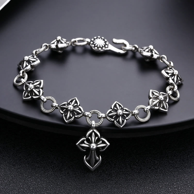 Christianartworkshop Retro - Styled Sterling Silver Cross Bracelet with Floral Motifs: A Nostalgic Sign of Faith - 925 Sterling Silver - image 0