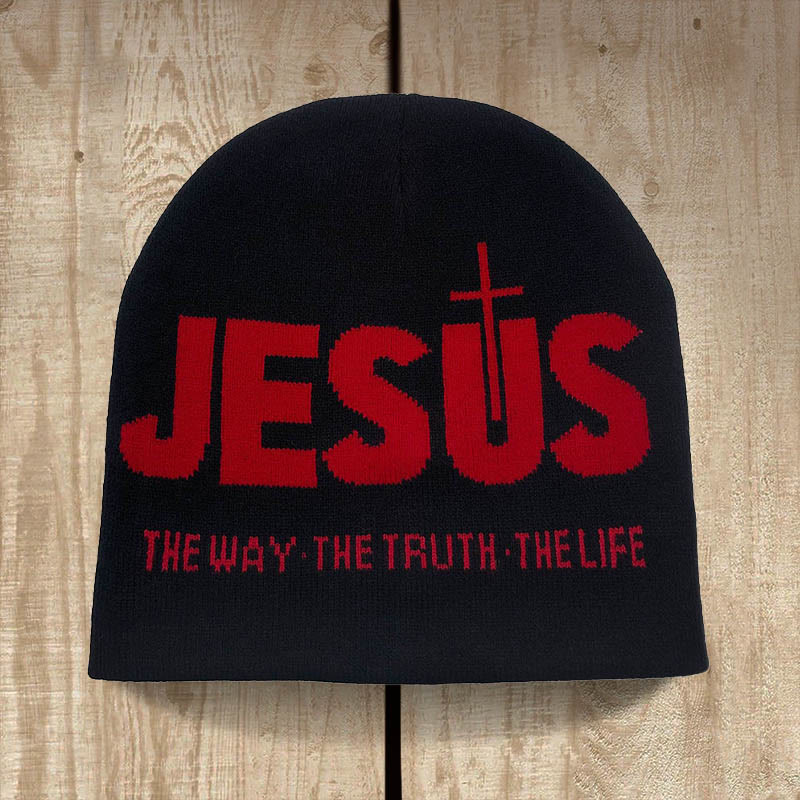Christianartworkshop JESUS Jacquard Autumn/Winter Outdoor Cycling Knit Hat - Black and Red - image 0