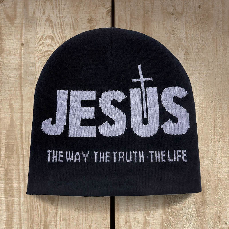 Christianartworkshop JESUS Jacquard Autumn/Winter Outdoor Cycling Knit Hat - Black and Gray - image 2