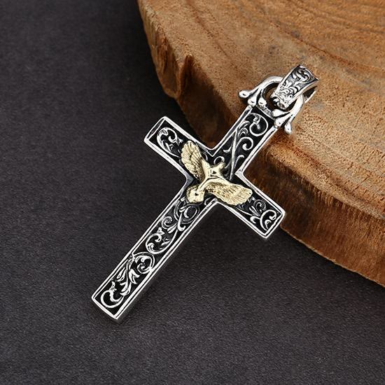 Christianartworkshop Intricate Sterling Silver Cross Necklace with Golden Dove: An Exquisite Blend of Detail and Devotion - image 1