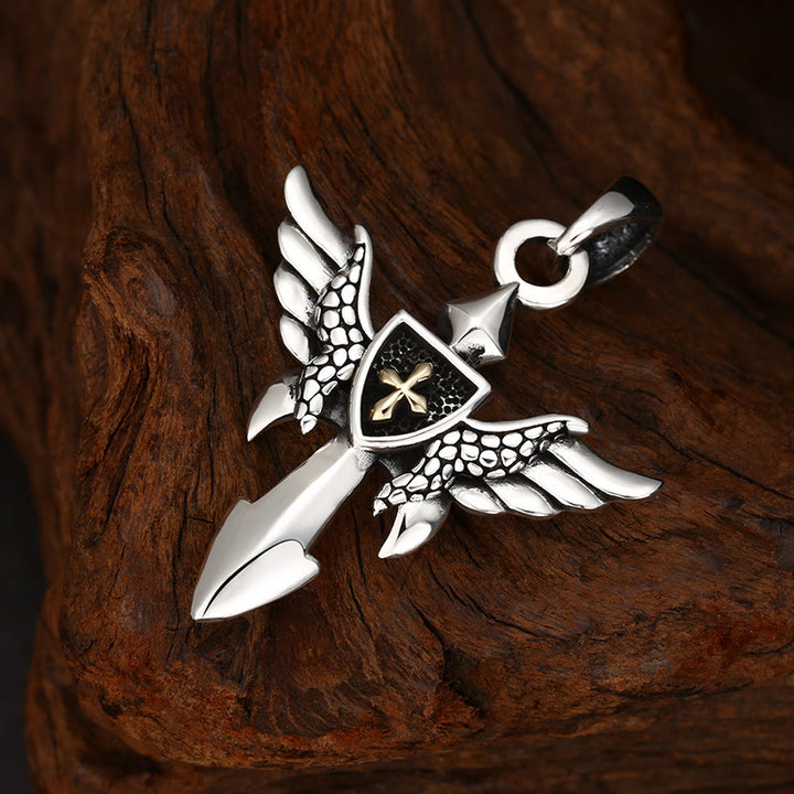 Christianartworkshop Artistic Winged Silver Cross Pendant with Shield Detail: A Unique Blend of Art and Belief - image 1
