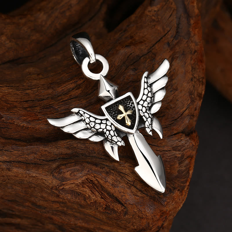 Christianartworkshop Artistic Winged Silver Cross Pendant with Shield Detail: A Unique Blend of Art and Belief - image 2