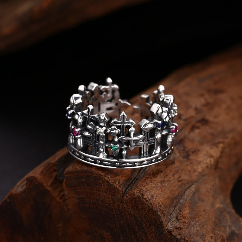 Christianartworkshop Gothic - Inspired Silver Crown Cross Ring with Zircon: A Bold Expression of Spiritual Reverence - 925 Sterling Silver - image 0