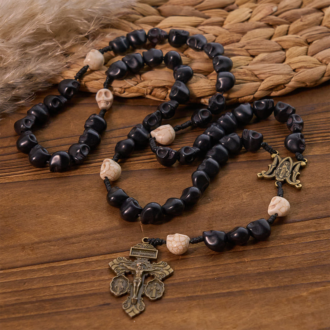 Christianartworkshop Light Over Darkness - Pardon Crucifix of Mercy with Black Skull Beads Halloween Prayer Rosary - Halloween Rosary - image 0