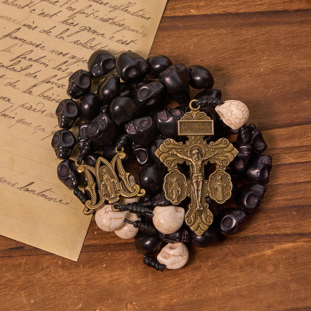 Christianartworkshop Light Over Darkness - Pardon Crucifix of Mercy with Black Skull Beads Halloween Prayer Rosary - image 5