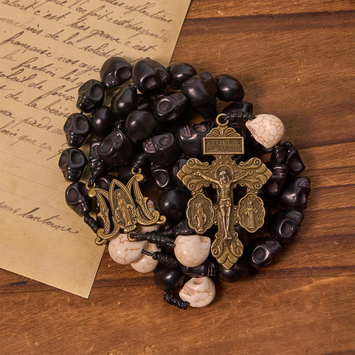 Christianartworkshop Light Over Darkness - Pardon Crucifix of Mercy with Black Skull Beads Halloween Prayer Rosary - image 5
