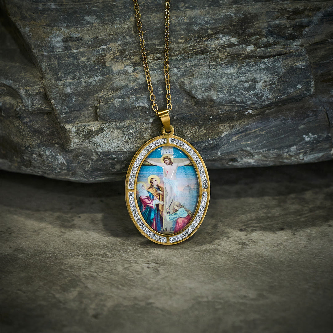Christianartworkshop Vintage Style Oval Crucifix Scene Pendant Necklace with Sparkling Frame - Stainless Steel - image 0