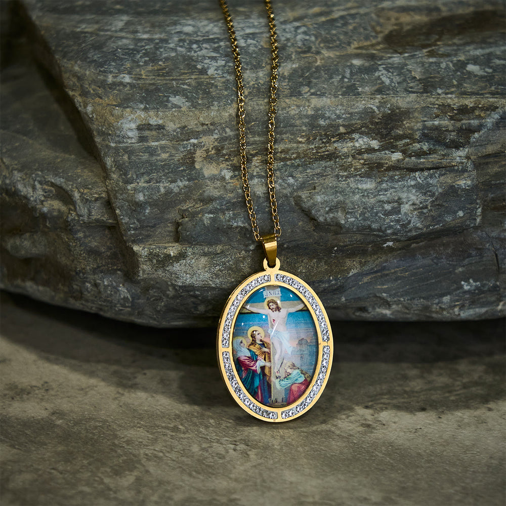 Christianartworkshop Vintage Style Oval Crucifix Scene Pendant Necklace with Sparkling Frame - image 1