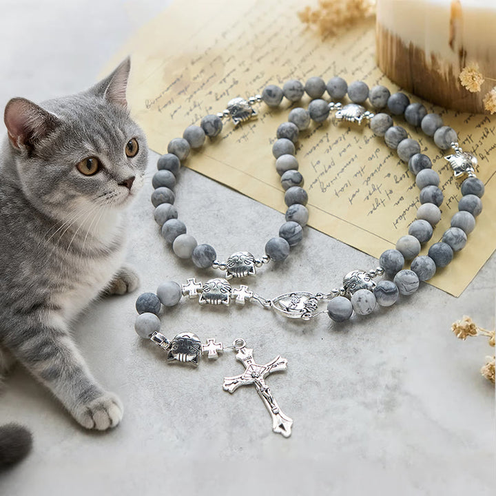 Christianartworkshop Light Grey Tabby Cat Prayer Rosary: Prayerful Care for Stray Cats Bracelet, Animal Rosary - Tabby Cat Rosary - image 0