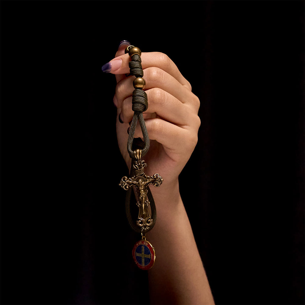 Christianartworkshop St. Benedict Protection All-Place Portable Bronze Beads Nylon Cord Pocket Rosary - image 1