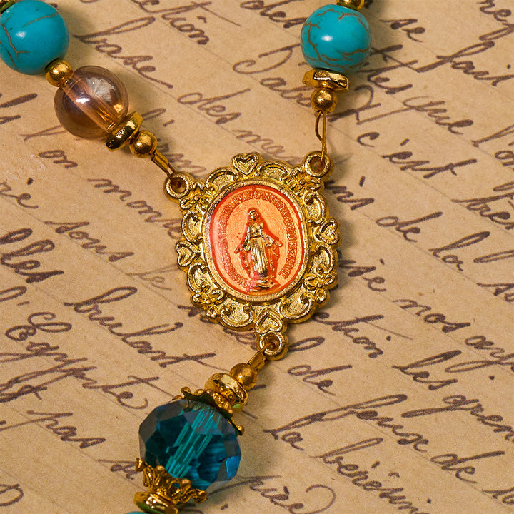 Christianartworkshop Classic Turquoise Bead & Golden Alloy Rosary with Crucifix & Miraculous Medal - image 7