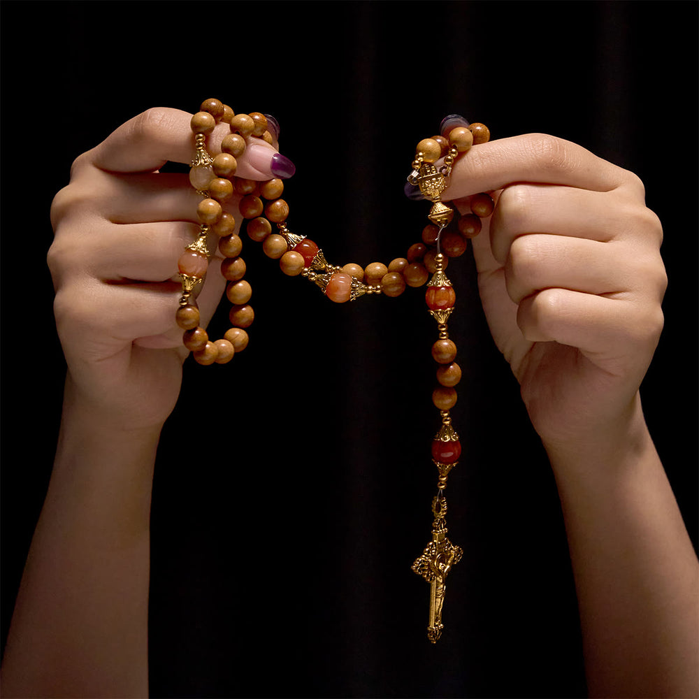 Christianartworkshop Thanksgiving Devotion Sandalwood Rosary with Golden Grace Pumpkin Gemstones & Holy Grail - image 1