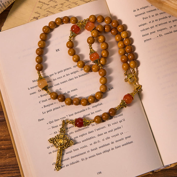 Christianartworkshop Thanksgiving Devotion Sandalwood Rosary with Golden Grace Pumpkin Gemstones & Holy Grail - image 3