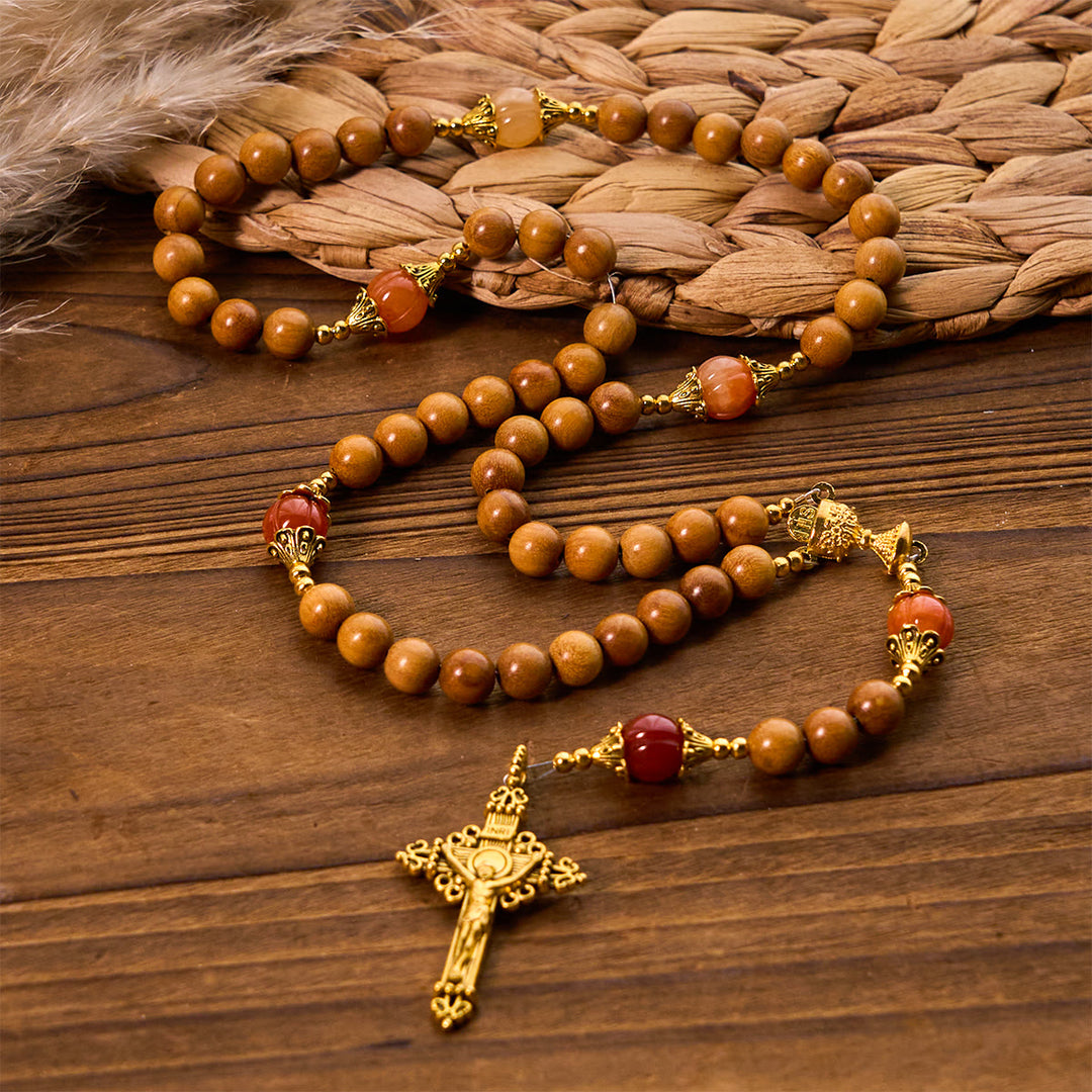 Christianartworkshop Thanksgiving Devotion Sandalwood Rosary with Golden Grace Pumpkin Gemstones & Holy Grail - Wood - image 0