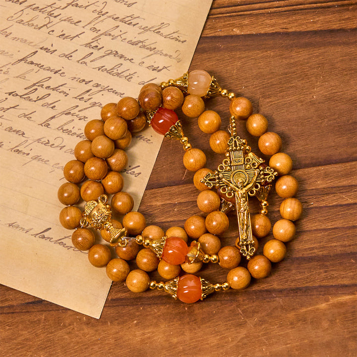 Christianartworkshop Thanksgiving Devotion Sandalwood Rosary with Golden Grace Pumpkin Gemstones & Holy Grail - image 4
