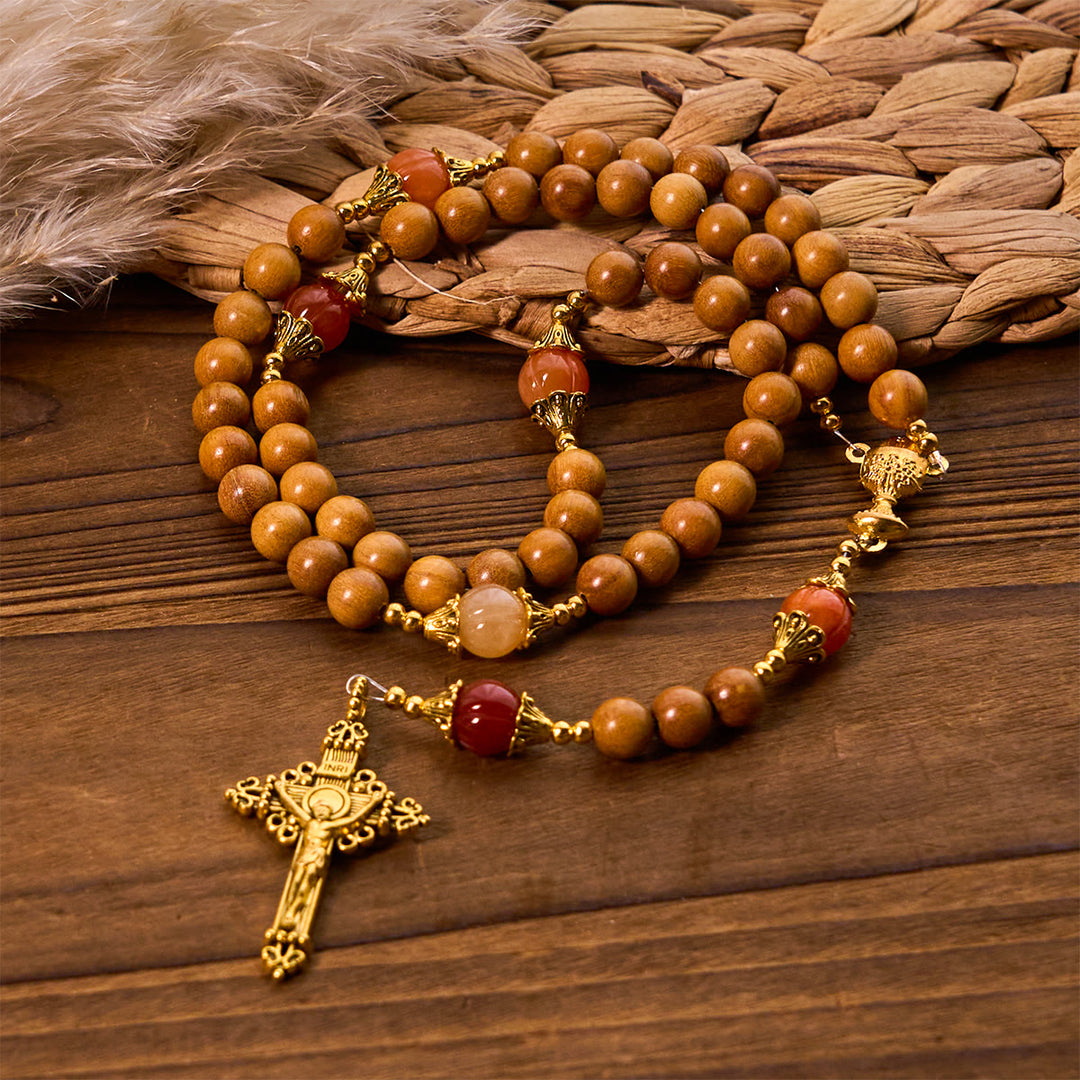 Christianartworkshop Thanksgiving Devotion Sandalwood Rosary with Golden Grace Pumpkin Gemstones & Holy Grail - image 2