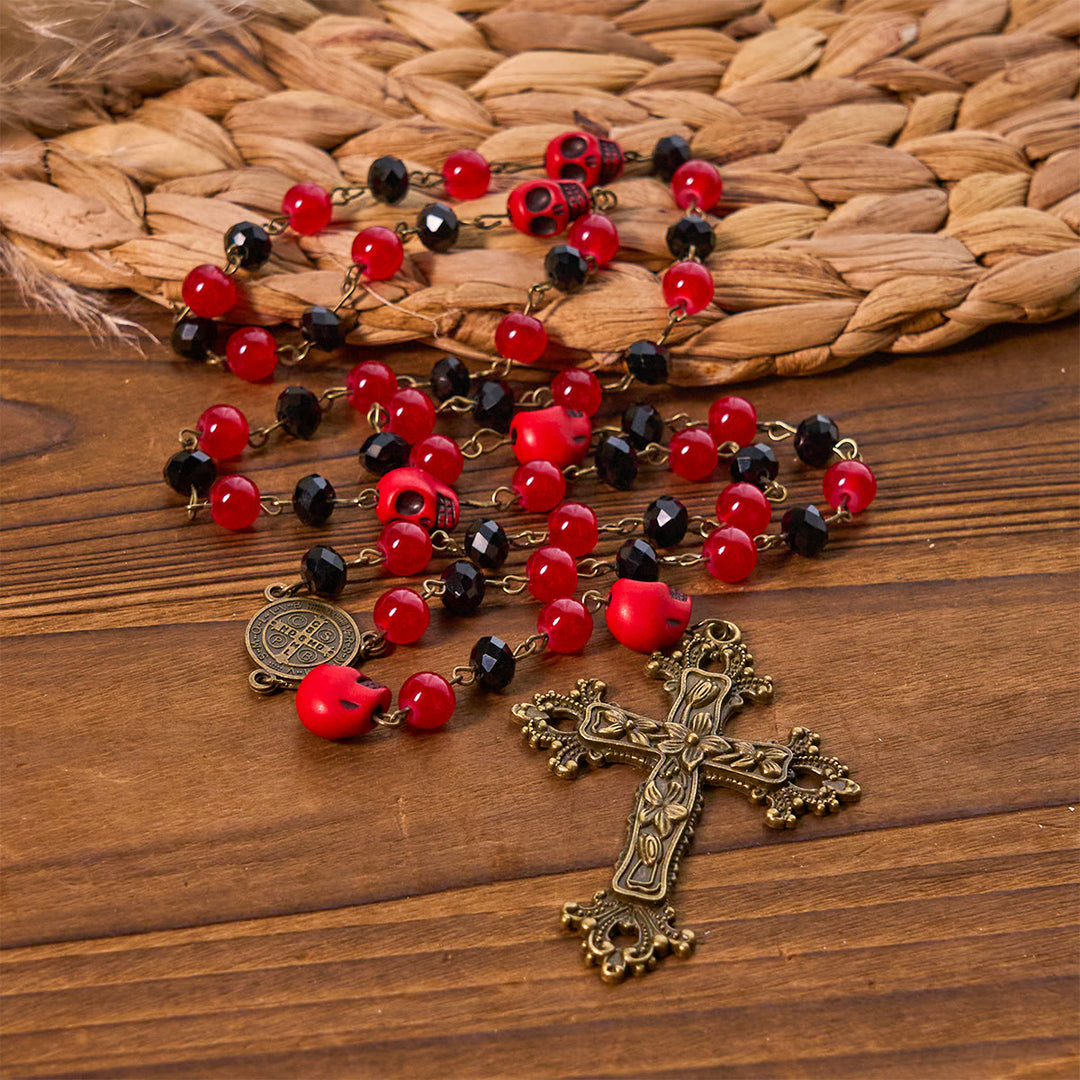 Christianartworkshop Gothic Elegance Rosary with Red Skull Accents & Ornate Floral Cross - image 4