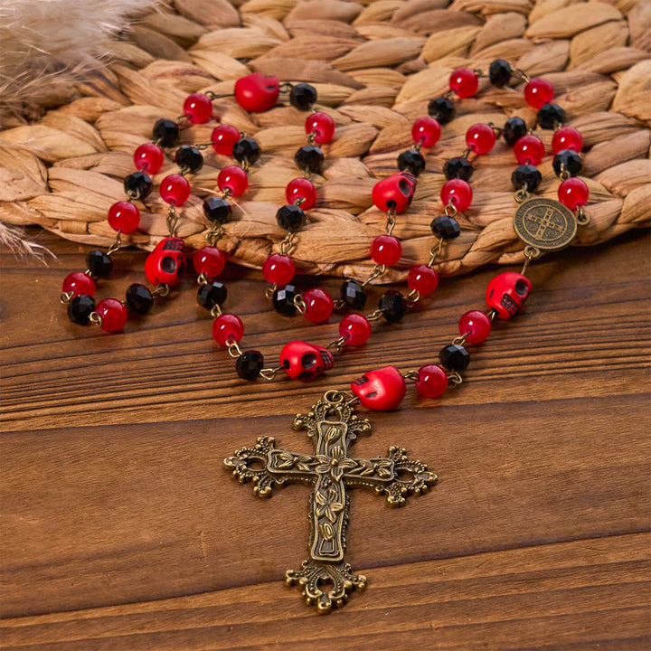 Christianartworkshop Gothic Elegance Rosary with Red Skull Accents & Ornate Floral Cross - image 3