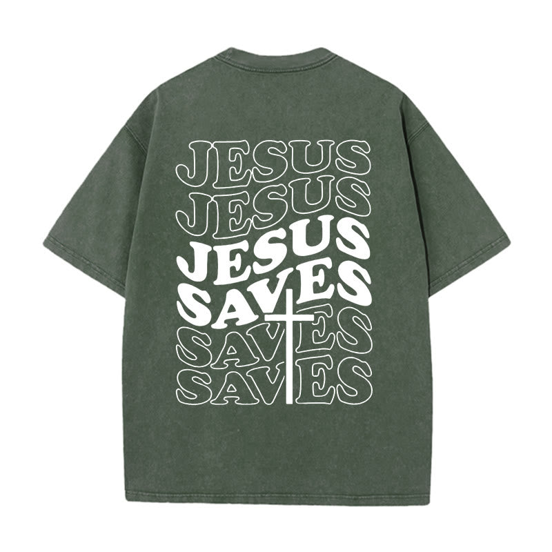 Christianartworkshop Jesus Saves Cross Graphic Unisex Washed T - Shirt - Army Green - 5XL - image 3