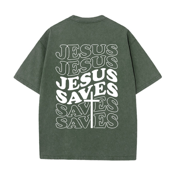Christianartworkshop Jesus Saves Cross Graphic Unisex Washed T - Shirt - Army Green - 5XL - image 3