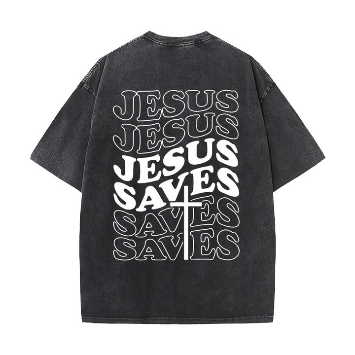 Christianartworkshop Jesus Saves Cross Graphic Unisex Washed T - Shirt - Black - 5XL - image 5