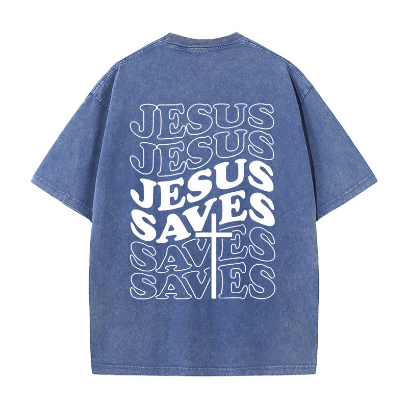 Christianartworkshop Jesus Saves Cross Graphic Unisex Washed T - Shirt - Blue - 5XL - image 9