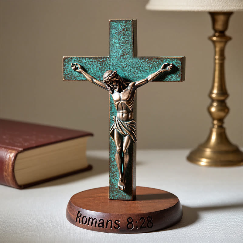 Christianartworkshop Resin Verdigris Jesus Crucifix on Wooden Base: Romans 8:28 Desktop Ornament - Crucifix - image 0
