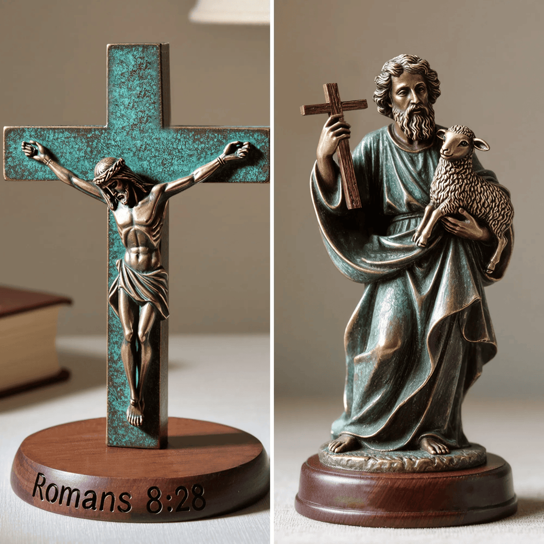 Christianartworkshop Resin Verdigris Jesus Crucifix on Wooden Base: Romans 8:28 Desktop Ornament - image 2