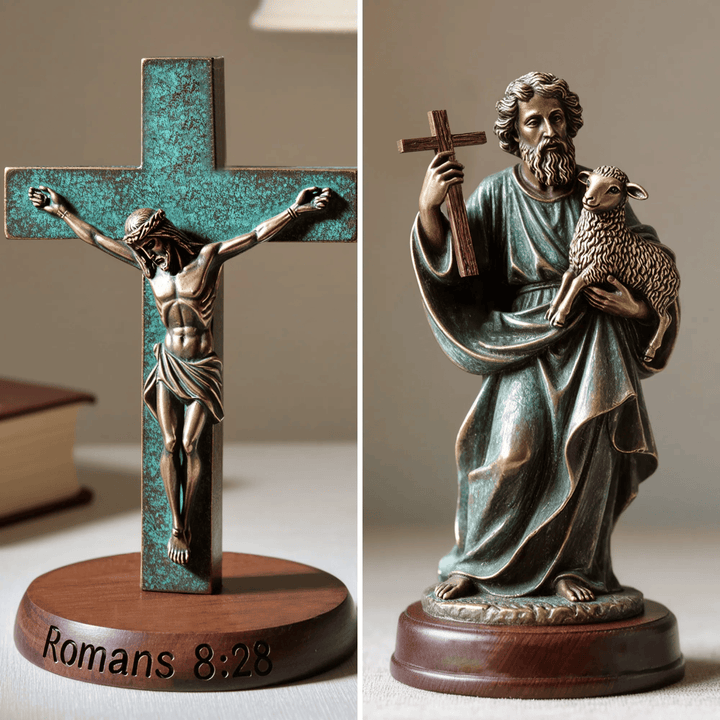 Christianartworkshop Resin Verdigris Jesus Crucifix on Wooden Base: Romans 8:28 Desktop Ornament - image 2