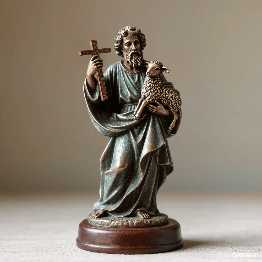 Christianartworkshop Resin Verdigris Jesus Crucifix on Wooden Base: Romans 8:28 Desktop Ornament - Jesus with Sheep - image 1