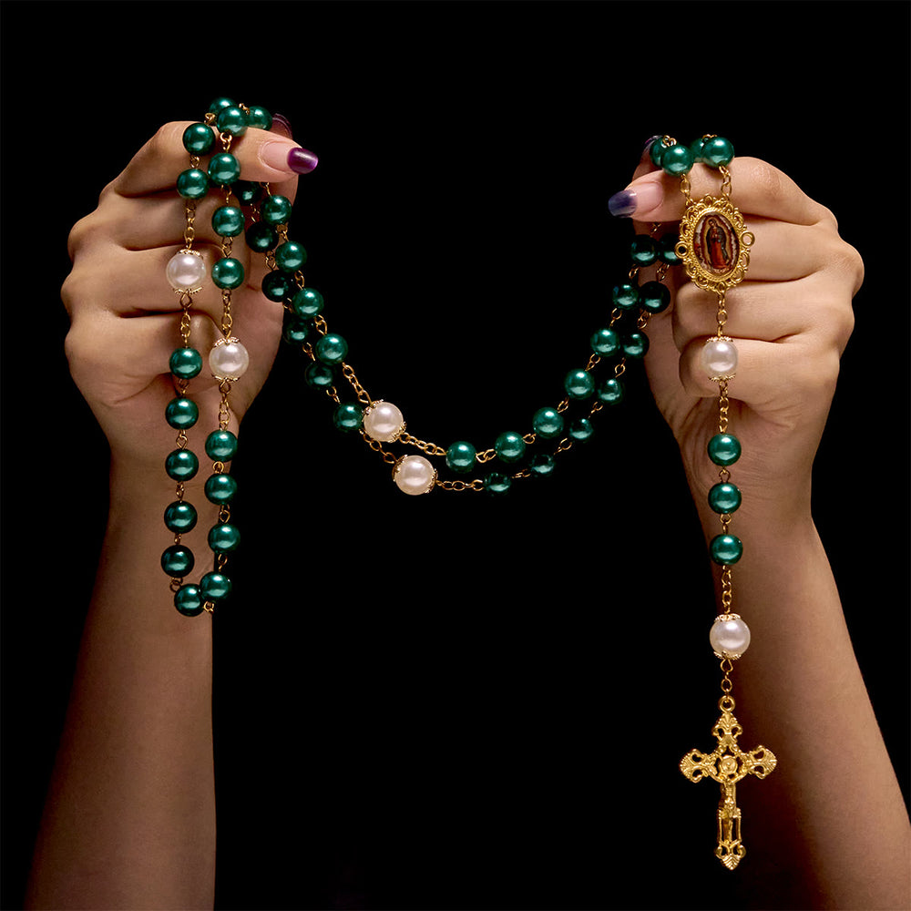 Christianartworkshop Teal Bead Rosary with Golden - Toned Crucifix & Miraculous Medal - image 1