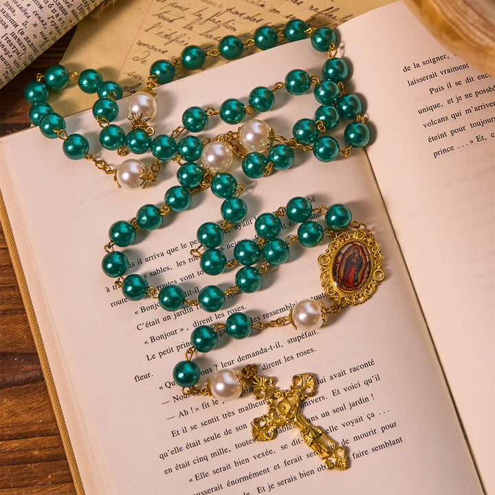 Christianartworkshop Teal Bead Rosary with Golden - Toned Crucifix & Miraculous Medal - image 2