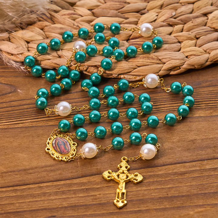 Christianartworkshop Teal Bead Rosary with Golden - Toned Crucifix & Miraculous Medal - image 3