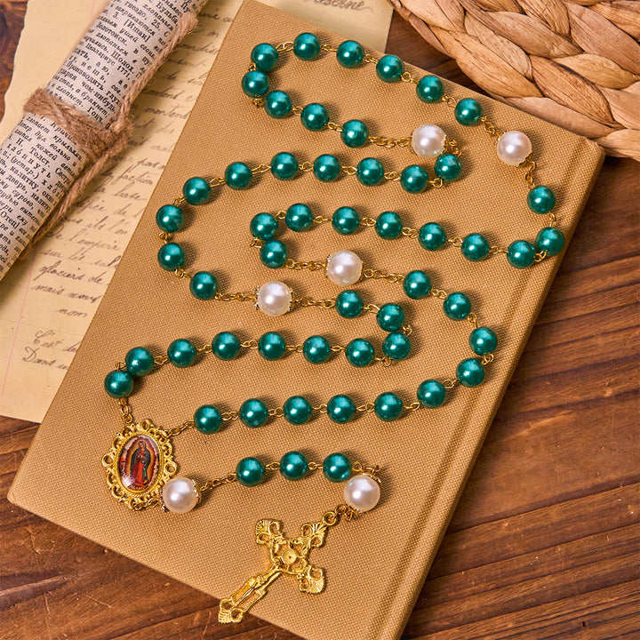 Christianartworkshop Teal Bead Rosary with Golden - Toned Crucifix & Miraculous Medal - image 4