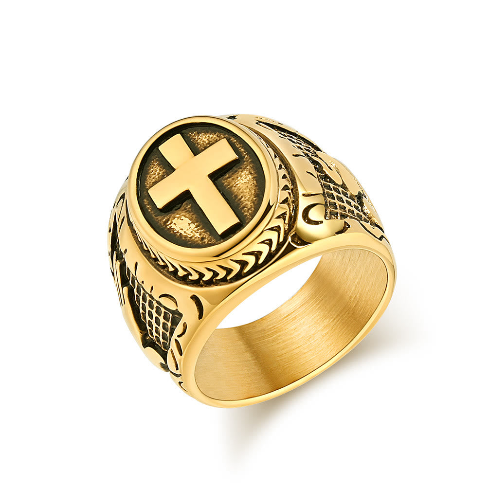 Christianartworkshop Metallic Cross Ring with Praying Hands Detail: Spiritual Fashion Pick - Golden - US13 - image 5
