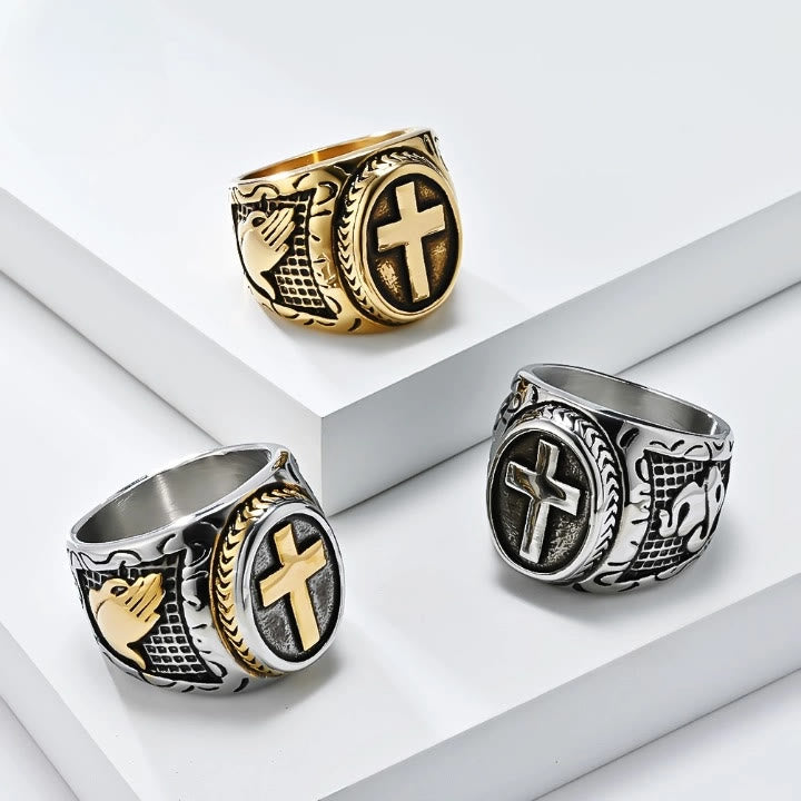 Christianartworkshop Metallic Cross Ring with Praying Hands Detail: Spiritual Fashion Pick - Silver - US7 - image 0