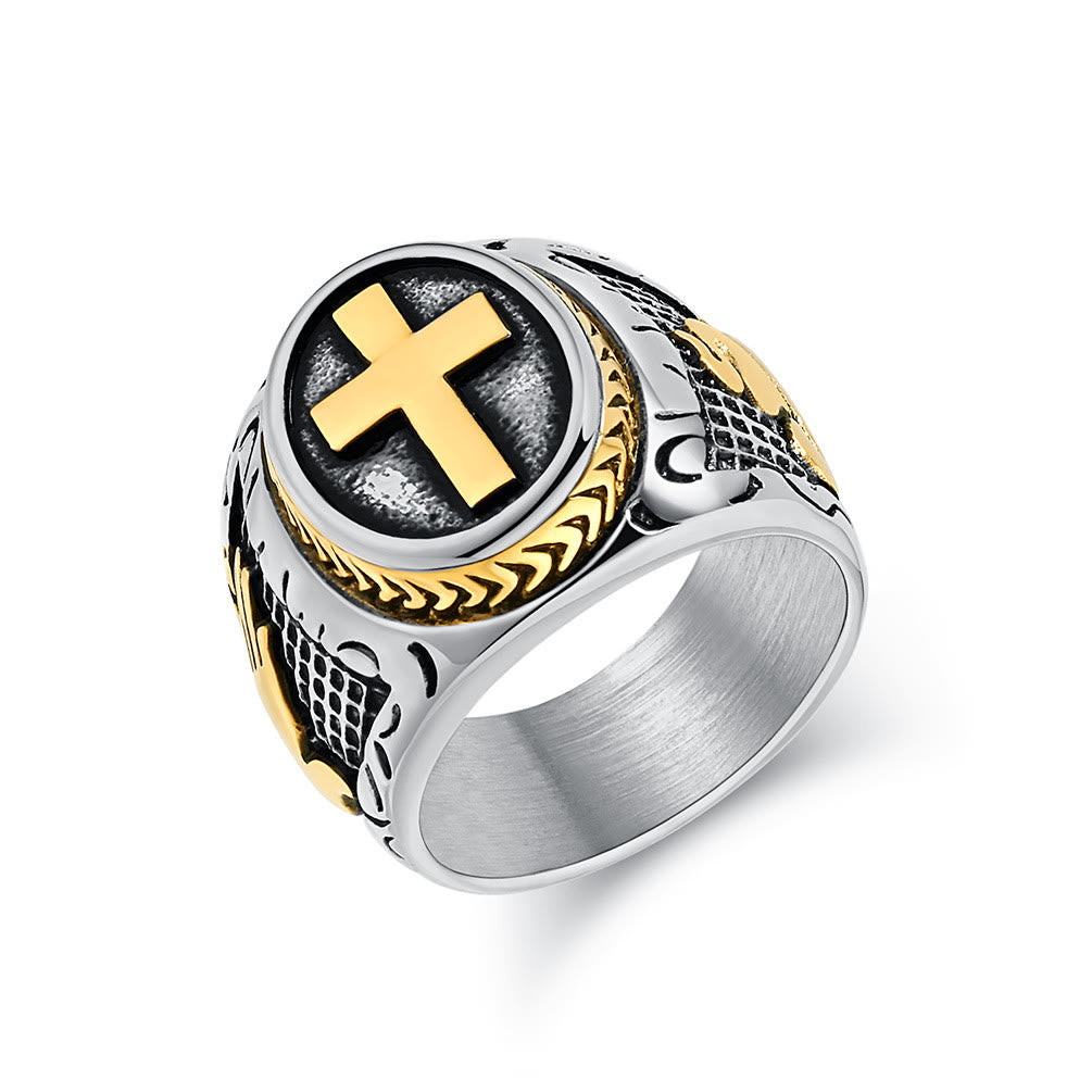 Christianartworkshop Metallic Cross Ring with Praying Hands Detail: Spiritual Fashion Pick - Silver and Golden - US13 - image 4