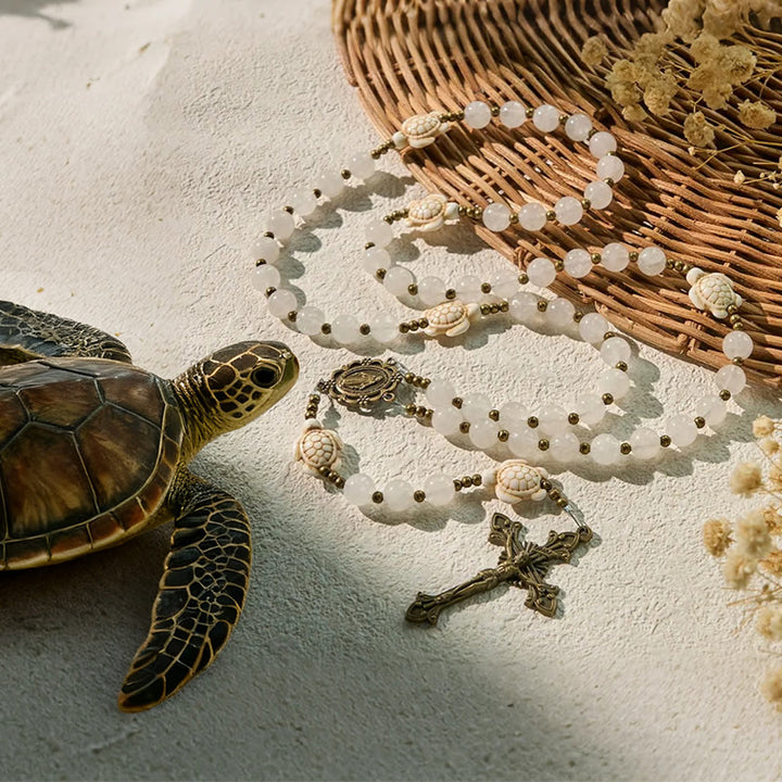Christianartworkshop Sacred Memorial White Quartz and Sacred Turtle Prayer Animal Rosary - Turtle Prayer Rosary - image 0