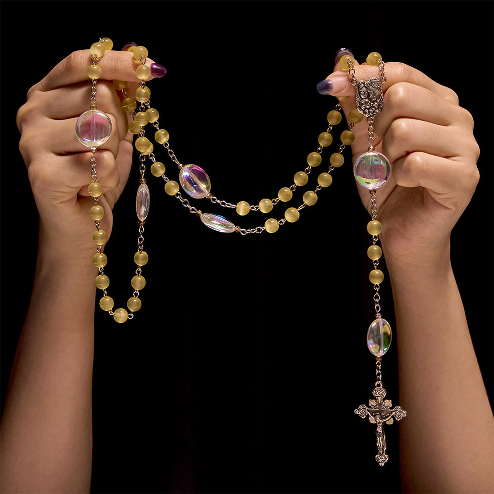 Christianartworkshop Unique Oversized Rainbow Aurora Beads Catholic Rosary with Holy Family Medal - image 1