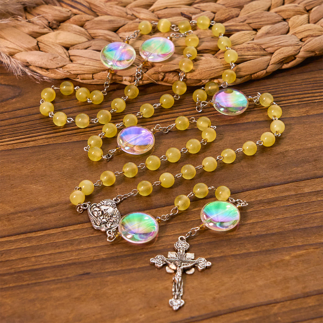 Christianartworkshop Unique Oversized Rainbow Aurora Beads Catholic Rosary with Holy Family Medal - image 2