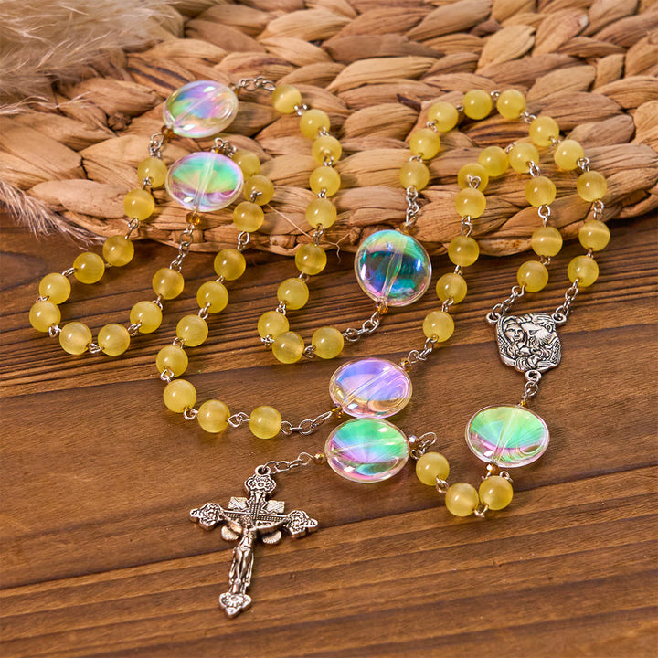 Christianartworkshop Unique Oversized Rainbow Aurora Beads Catholic Rosary with Holy Family Medal - Holy Family & Crucifix - image 0